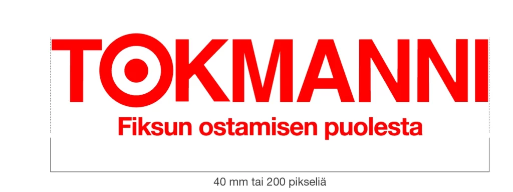Ohjekuva Tokmannin logon leveydestä. Punainen logo valkoisella pohjalla. Sen alla leveyden mittaa esittävä musta ohut viiva jonka alla teksti: "40 mm tai 200 pikseliä".