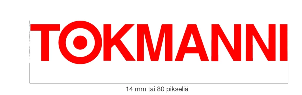 Ohjekuva Tokmannin logon leveydestä. Punainen logo valkoisella pohjalla. Sen alla leveyden mittaa esittävä musta ohut viiva jonka alla teksti: "14 mm tai 80 pikseliä".