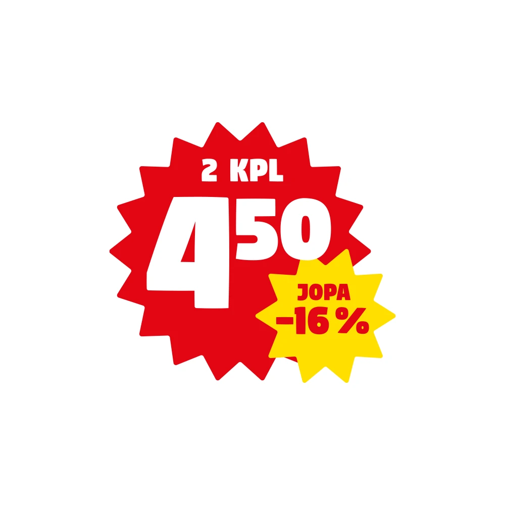 Punaisella taustalla oleva suuri monisakarainen pyöreä muoto, jonka keskellä valkoisella tekstillä hinta "4,50" ja sen yläpuolella pienemmällä tekstillä "2 KPL". Oikeaan alakulmaan on kiinnitetty pienempi keltainen monisakarainen pyöreä muoto, jossa punaisella tekstillä alennusilmaus "JOPA -16 %".