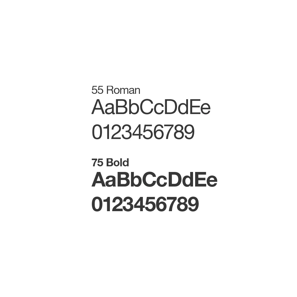Fonttiesittelykuva, jossa esillä kaksi eri Helvetica-fontin leikkausta: ylhäällä "55 Roman" kevyempänä tyylinä ja alhaalla "75 Bold" lihavoituna. Molemmissa näytetään esimerkkikirjaimet Aa–Ee sekä numerot 0–9. Fontit on esitetty mustalla tekstillä valkoisella taustalla, ja tyylien nimet ovat esillä pienemmällä painikkeella fonttinäytteiden yläpuolella.