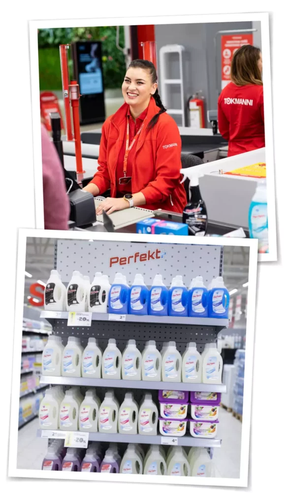 Kahdesta valokuvasta koostuvassa kuvassa yläkuvassa Tokmannin myyjä hymyilee kassalla punaisessa työasussa, taustalla näkyy toinen työntekijä. Alakuvassa Perfekt-tuotesarjan pyykinpesuaineita ja huuhteluaineita on siististi esillä Tokmannin myymälän hyllyllä.