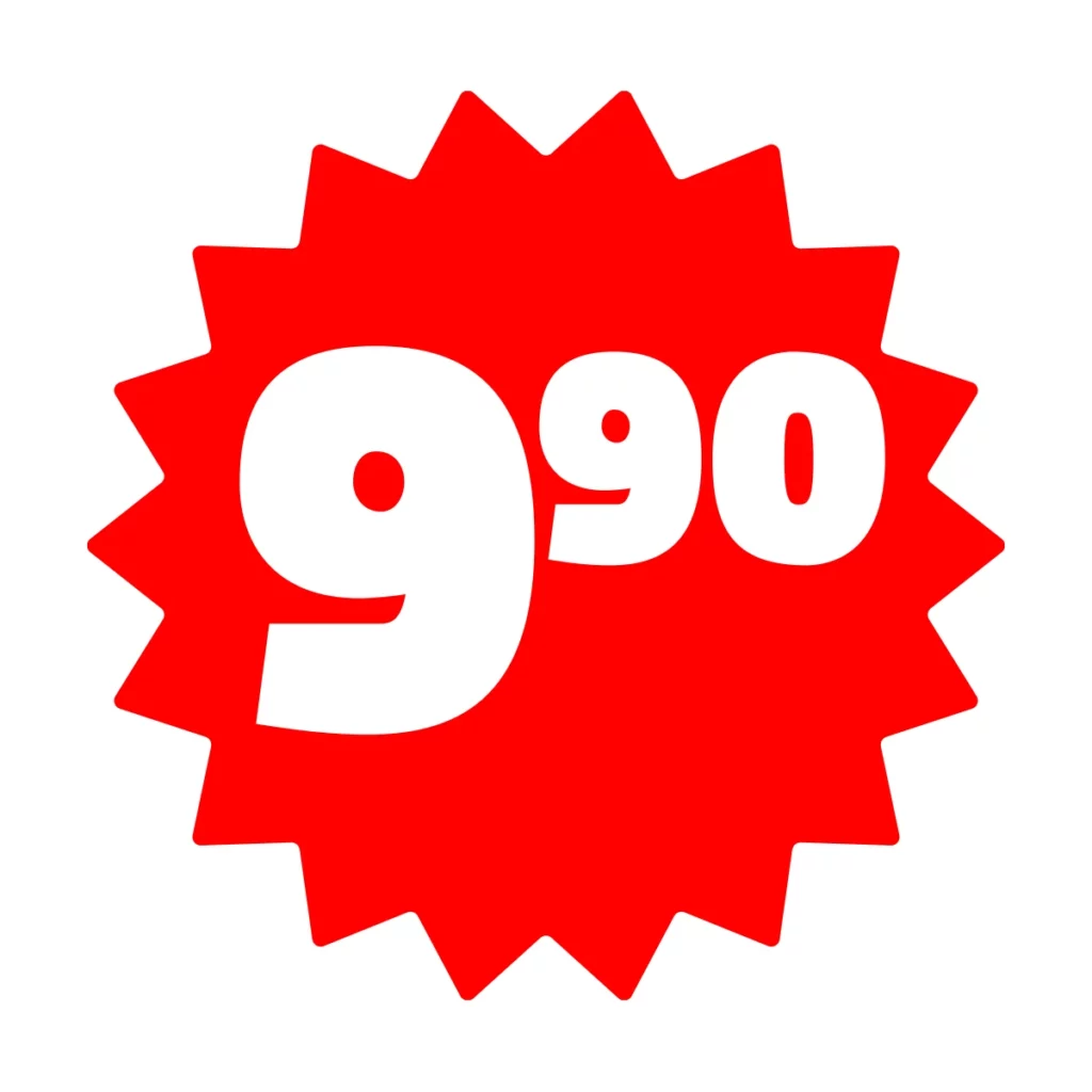 Valkoisella taustalla suuri, punainen monisakarainen pyöreä muoto, jonka keskellä valkoisella isokokoinen tarjoushinta '9,90'.
