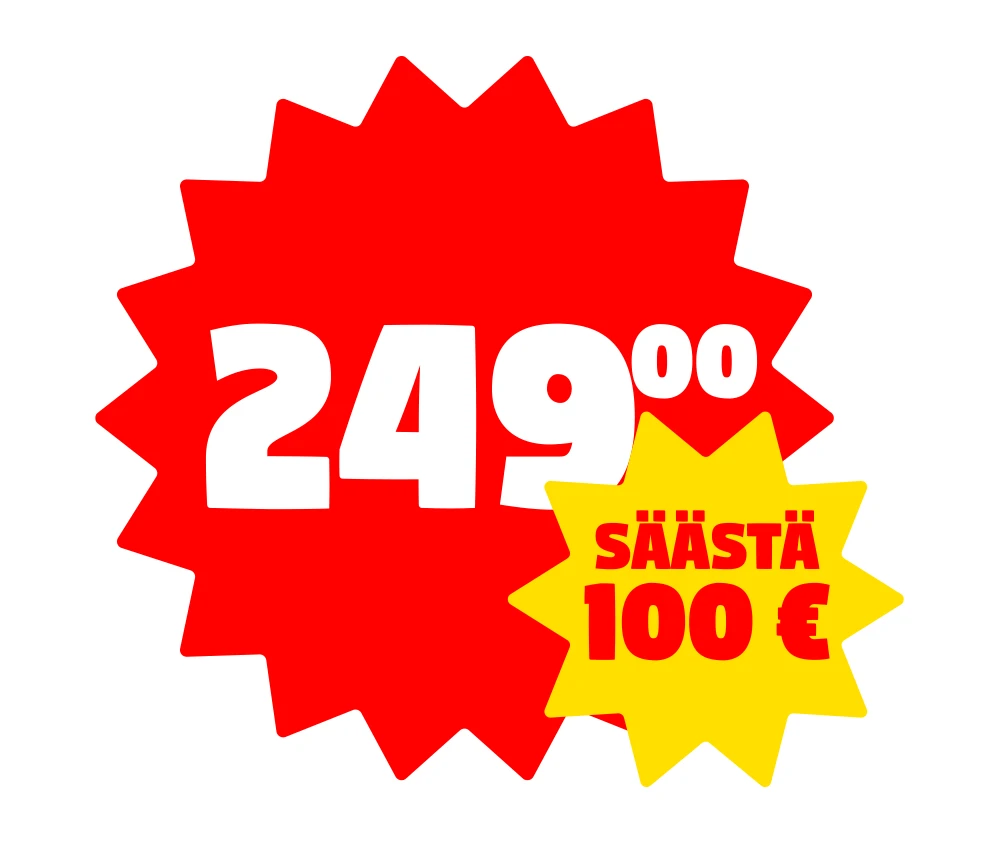Valkoisella taustalla suuri punainen monisakarainen pyöreä muoto, jonka keskellä valkoisella isokokoinen hinta "249,00". Oikeassa alakulmassa keltainen pienempi monisakarainen pyöreä muoto, jossa punaisella teksti "SÄÄSTÄ" ja sen alla isolla punaisella "100 €".