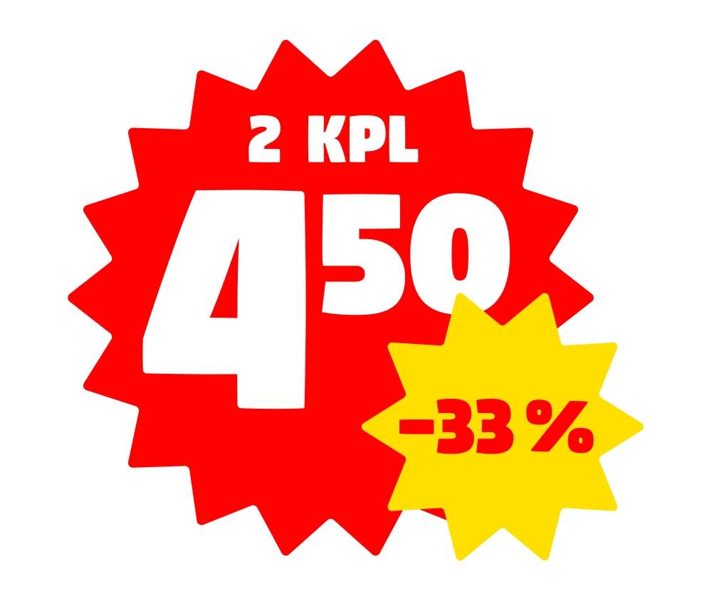 Valkoisella taustalla suuri punainen monisakarainen pyöreä muoto, jonka yläosassa valkoisella teksti "2 KPL" ja keskellä isokokoinen hinta "4,50". Oikeassa alakulmassa keltainen pienempi monisakarainen pyöreä muoto, jossa punaisella alennusprosentti "-33 %".