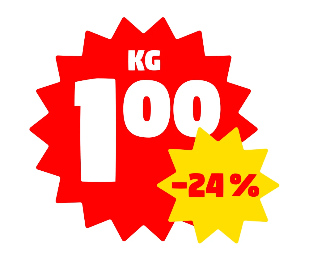 Valkoisella taustalla suuri punainen monisakarainen pyöreä muoto, jonka yläosassa valkoisella teksti "KG" ja keskellä isokokoinen hinta "1,00". Oikeassa alakulmassa keltainen pienempi monisakarainen pyöreä muoto, jossa punaisella alennusprosentti "-24 %".