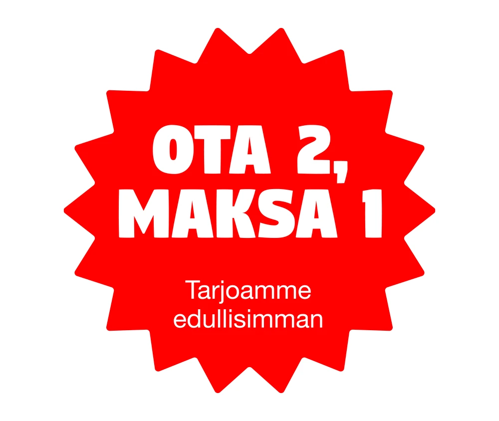 Valkoisella taustalla suuri punainen monisakarainen pyöreä muoto. Keskellä valkoisella isokokoinen tarjousviesti 'OTA 2, MAKSA 1' ja sen alla pienemmällä tekstillä 'Tarjoamme edullisimman'.