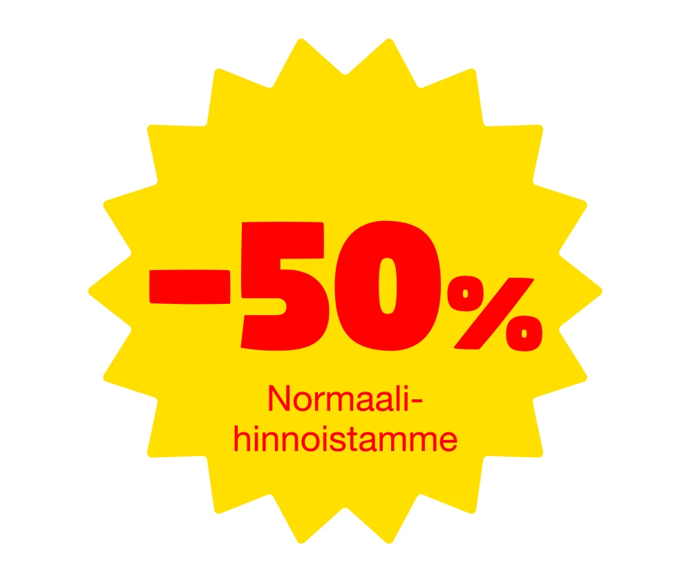Valkoisella taustalla suuri keltainen monisakarainen pyöreä muoto, jonka keskellä punaisella isokokoinen alennusteksti '-50 %'. Muodon alaosassa punaisella pienemmällä tekstillä 'Normaalihinnoistamme'.