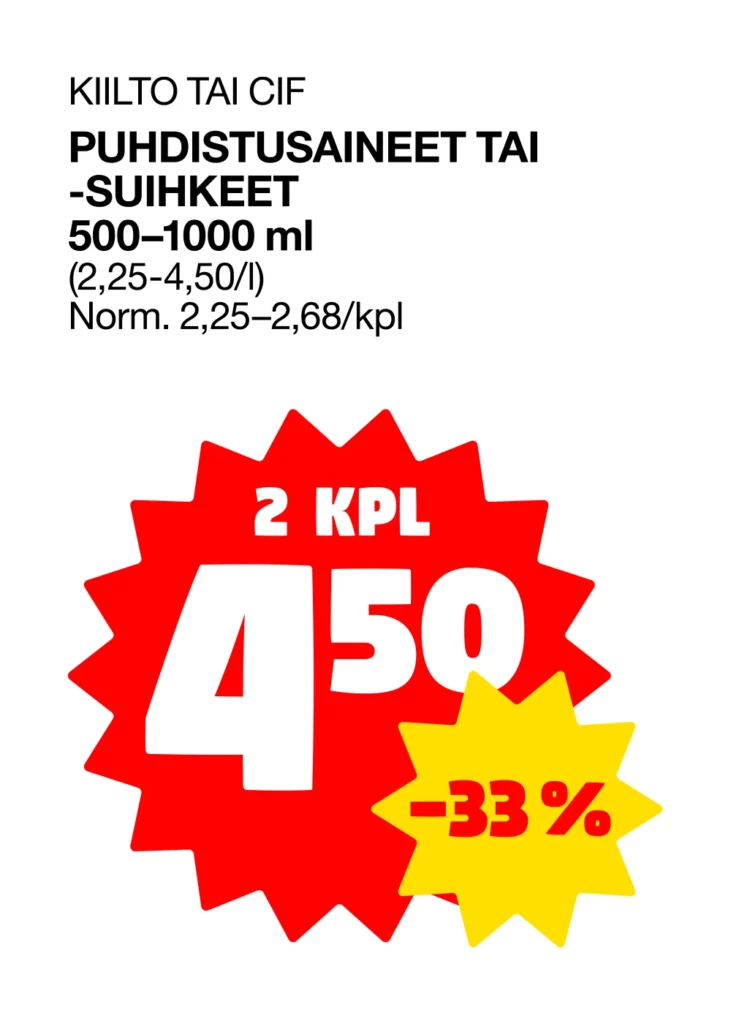 Tarjousjuliste valkoisella taustalla puhdistusaineista, yläosassa tuotetiedot: 'KIILTO, CIF TAI AJAX – PUHDISTUSAINEET TAI -SUIHKEET 500–1000 ml'. Alapuolella näkyy normaalihinta. Alaosassa suuri punainen monisakarainen pyöreä muoto, jonka keskellä valkoisella '2 KPL 4,50'. Oikeassa alakulmassa keltainen monisakarainen pyöreä muoto, jossa punaisella '-33 %'."