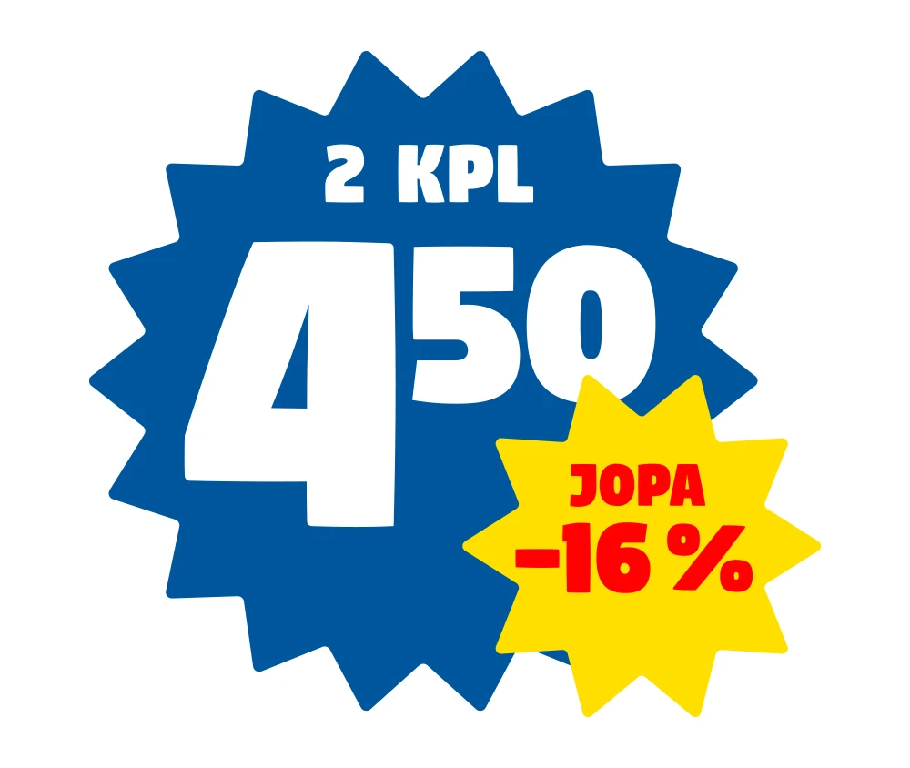 Tarjousmerkki, jossa kaksi kappaletta hintaan 4,50 euroa esitettynä isolla valkoisella tekstillä sinisessä, monisakaraisessa pyöreässä muodossa. Oikeassa alakulmassa keltainen, pienempi monisakarainen pyöreä muoto, jossa punaisella teksti 'JOPA -16 %'.