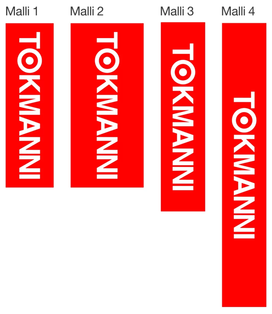 Kuvallinen ohjeistus siitä, miten pystyyn käännettynä Tokmannin logo tulee kääntää 90 oikealle. Kuvassa esitellään neljä eri paksuutta punaisesta laatikosta logon ympärillä ja logon vertikaalinen sijoittuminen laatikon leveydestä riippuen. Logo tulee aina keskittää vertikaalisuunnassa laatikon keskelle.