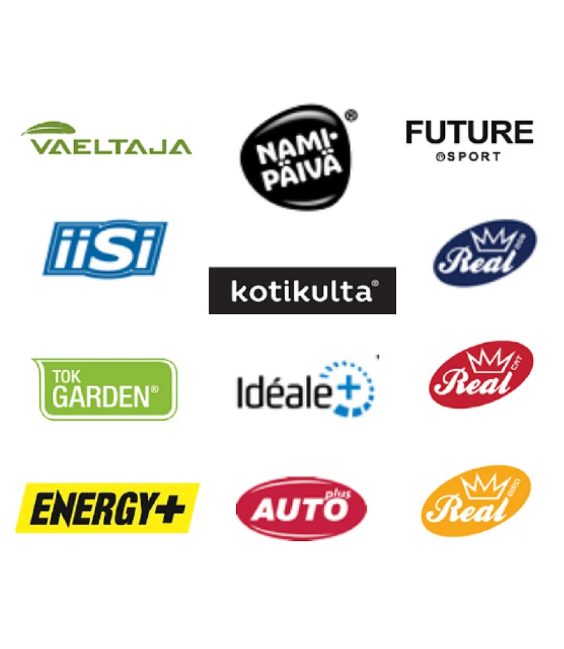 Kuvaus logokokoelmasta. Useita logoja kolmeen sarakkeeseen ja neljään riviin aseteltuna. Näin logot muodostavat symmetrisen sommitelman.