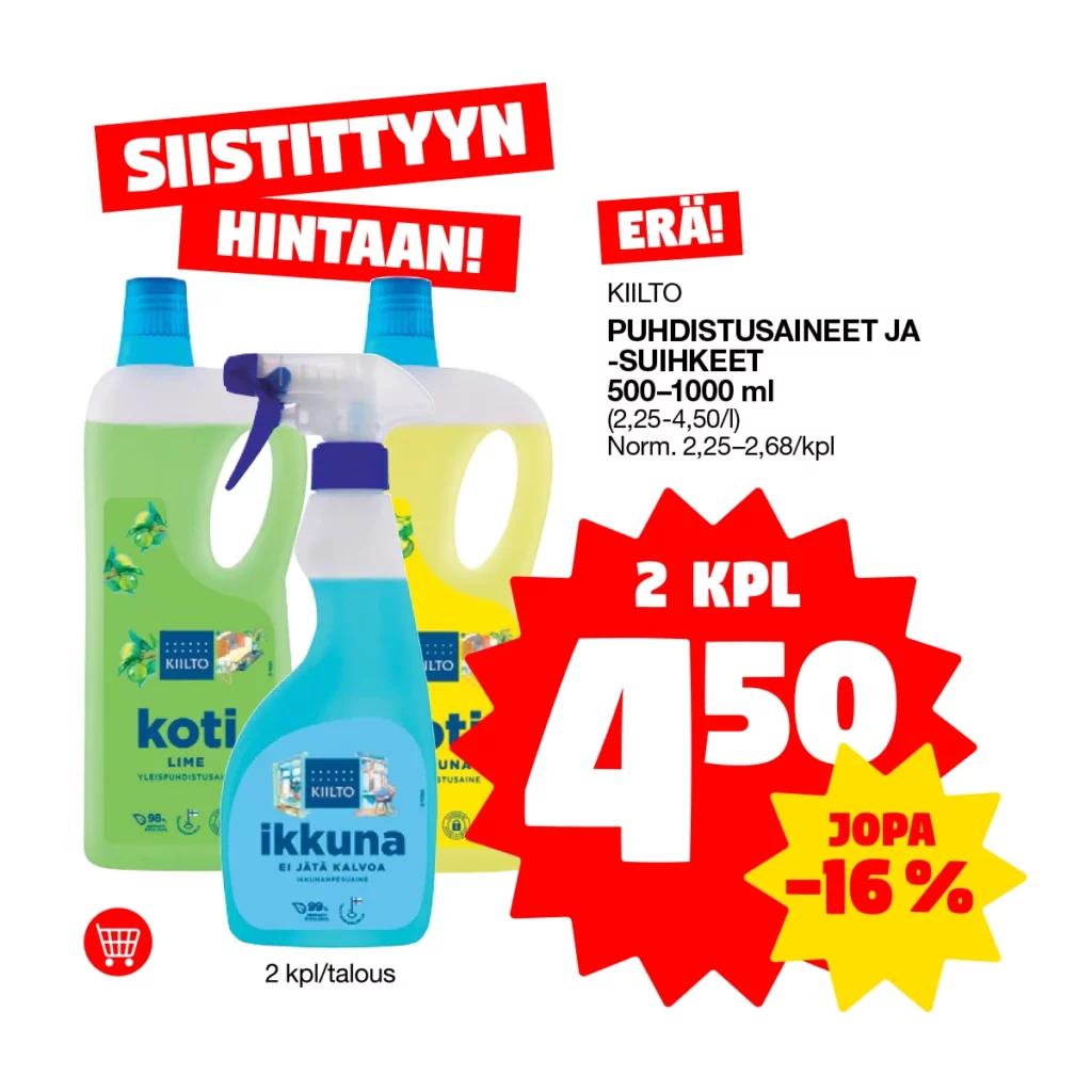 Kiilto-puhdistusaineita esittelevä tarjouskuva, jossa vasemmalla ikkunanpesu-suihkepulloja ja oikeassa reunassa korostettu tarjous: kaksi kappaletta hintaan 4,50 euroa. Yläkulmassa tuotetta kuvaavat tekstit, sen alla hinta ja alakulmassa alennusprosentti -16 %. Kuvan vasemmassa kulmassa on ostoskärryikoni ja kuvan yläosaan on sijoitettu huomiotekstit sekä tuotteiden että tuotetiedon päälle.