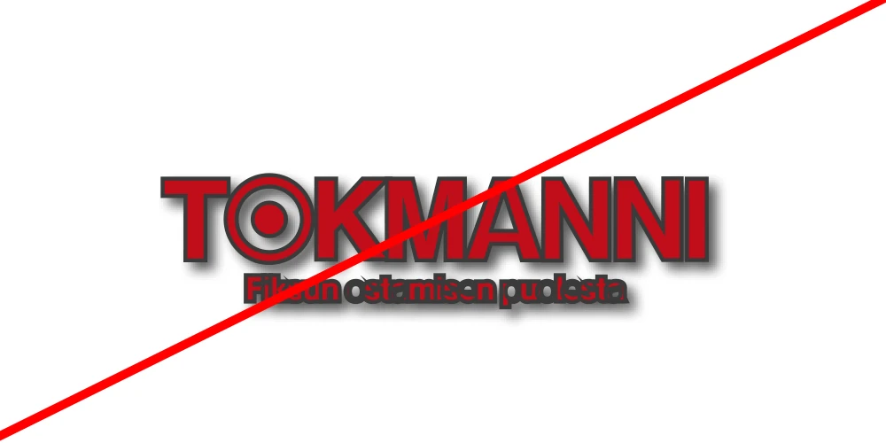 Punainen Tokmannin logo valkoisella pohjalla. Logon alle on keskitetty pienemmän kokoinen teksti: "Fiksun ostamisen puolesta.". Logoon ja tekstiin on tehty ylimääräiset mustat ääriviivat. Kuvan yli kulkee diagonaalinen punainen viiva, mikä viittaa siihen että asetelma on väärin.