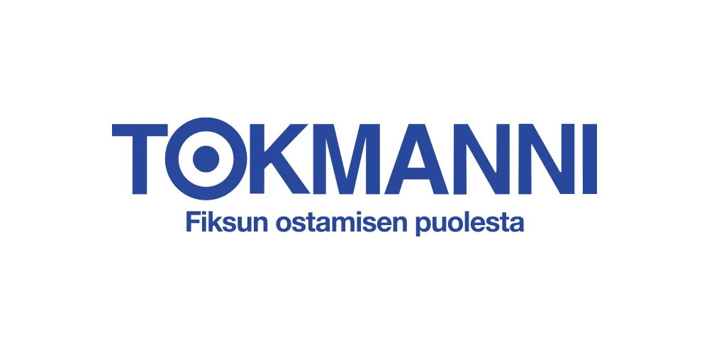 Sininen Tokmannin logo valkoisella pohjalla. Logon alle on keskitetty pienemmän kokoinen teksti: "Fiksun ostamisen puolesta."