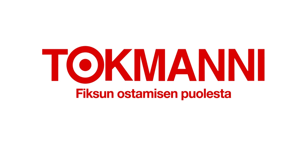 Punainen Tokmannin logo valkoisella pohjalla. Logon alle on keskitetty pienemmän kokoinen teksti: "Fiksun ostamisen puolesta."