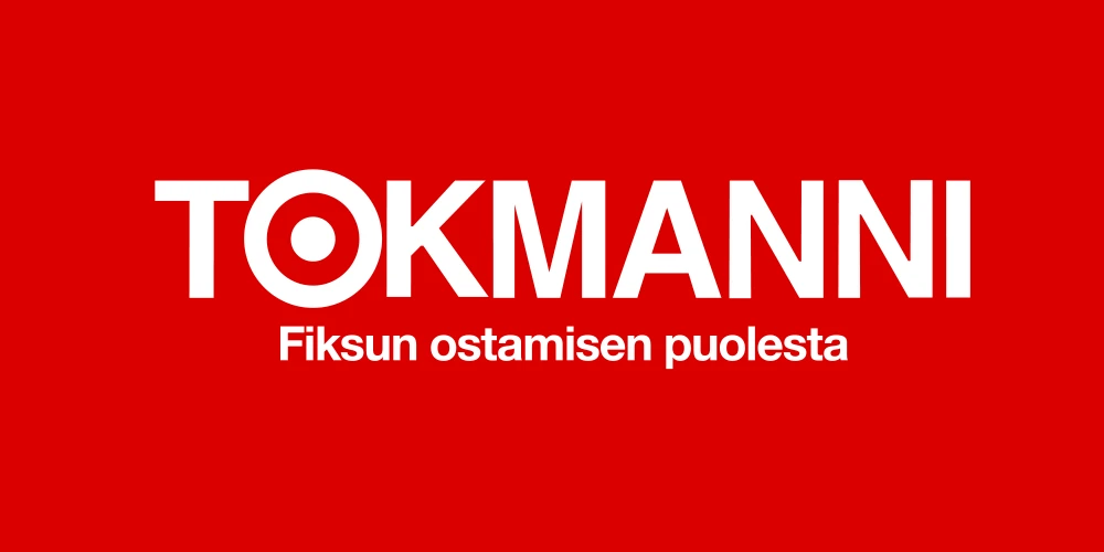 Valkoinen Tokmannin logo punaisella pohjalla. Logon alle on keskitetty pienemmän kokoinen teksti: "Fiksun ostamisen puolesta."