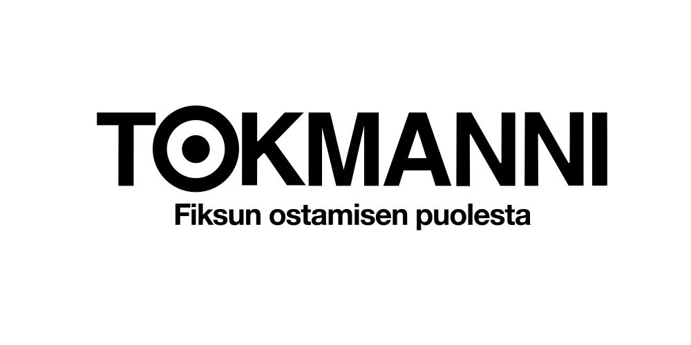 Musta Tokmannin logo valkoisella pohjalla. Logon alle on keskitetty pienemmän kokoinen teksti: "Fiksun ostamisen puolesta."