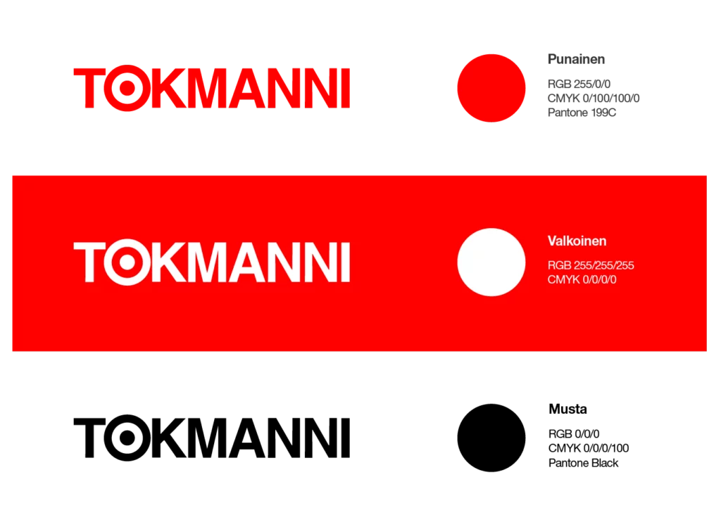 Kolme Tokmanni-logon värivariaatiota läpinäkyvällä taustalla. Ylimpänä punainen logo mustalla tekstillä "Fiksun ostamisen puolesta", vieressä värinäyte punaisesta (RGB 255/0/0, CMYK 0/100/100/0, Pantone 199C). Keskellä valkoinen logo punaisella taustalla ja tekstillä, oikealla valkoinen värinäyte (RGB 255/255/255, CMYK 0/0/0/0). Alimpana musta logo ja musta tekstivariaatio, vieressä mustan värinäyte (RGB 0/0/0, CMYK 0/0/0/100, Pantone Black).