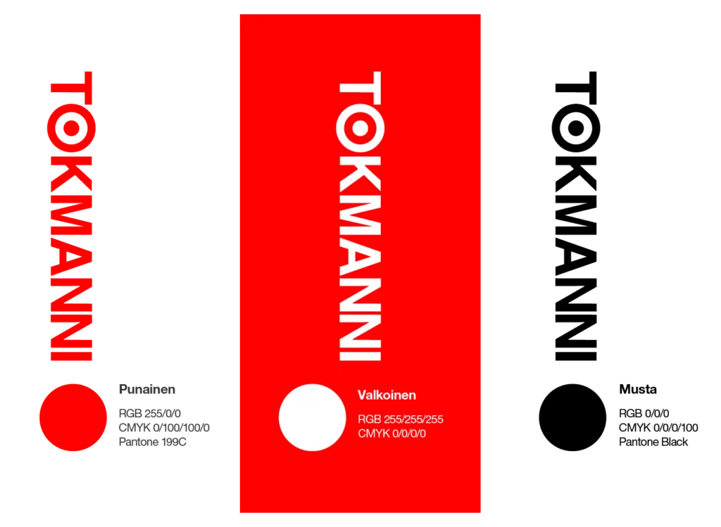 Kolme pystysuuntaista Tokmanni-logoversiota läpinäkyvällä taustalla. Vasemmalla punainen logo, alla punaisen värinäyte (RGB 255/0/0, CMYK 0/100/100/0, Pantone 199C). Keskellä valkoinen logo kirkkaanpunaisella taustalla, alla valkoisen värinäyte (RGB 255/255/255, CMYK 0/0/0/0). Oikealla musta logo, alla mustan värinäyte (RGB 0/0/0, CMYK 0/0/0/100, Pantone Black). Jokainen logoväri on esitetty omassa sarakkeessaan, joissa logoteksti "TOKMANNI" kulkee pystysuunnassa.