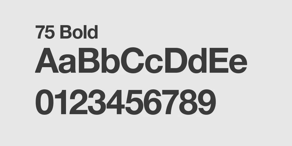 Fonttiesittely vaaleanharmaalla taustalla. Ylärivillä pieni musta teksti "95 Black", jonka alla esimerkit kirjaimista A:sta E:hen ja numeroista 0:sta 9:ään paksulla mustalla Helvetica-fontin 75 Bold-leikkauksella.