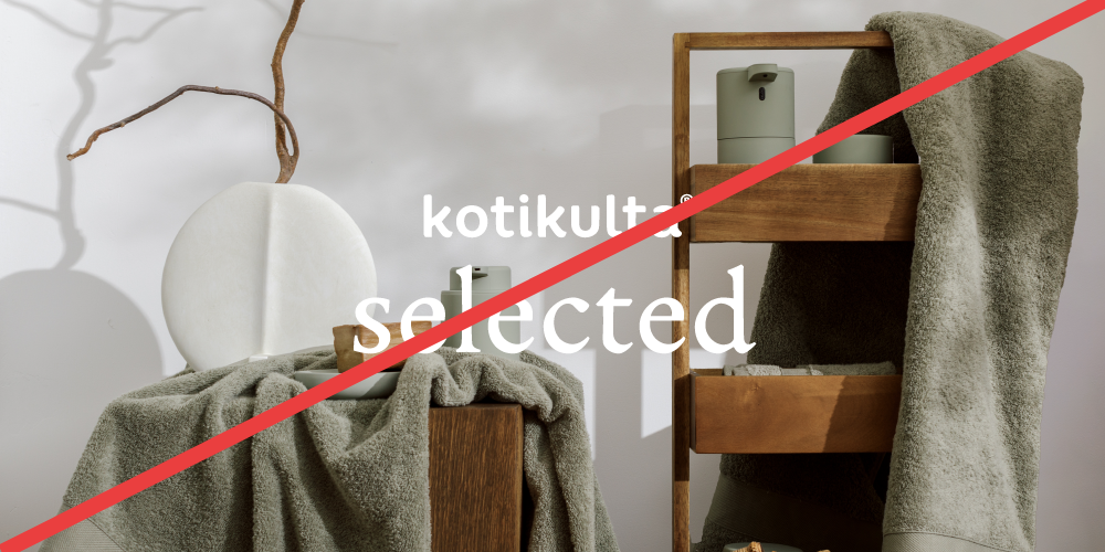 Esimerkki ei-toivotusta käytöstä: Kotikulta Selected -sisustuskuva, jonka päälle on lisätty bränditeksti. Kuvan yli kulkee punainen viiva osoittamassa, että tätä esitystapaa ei tule käyttää.