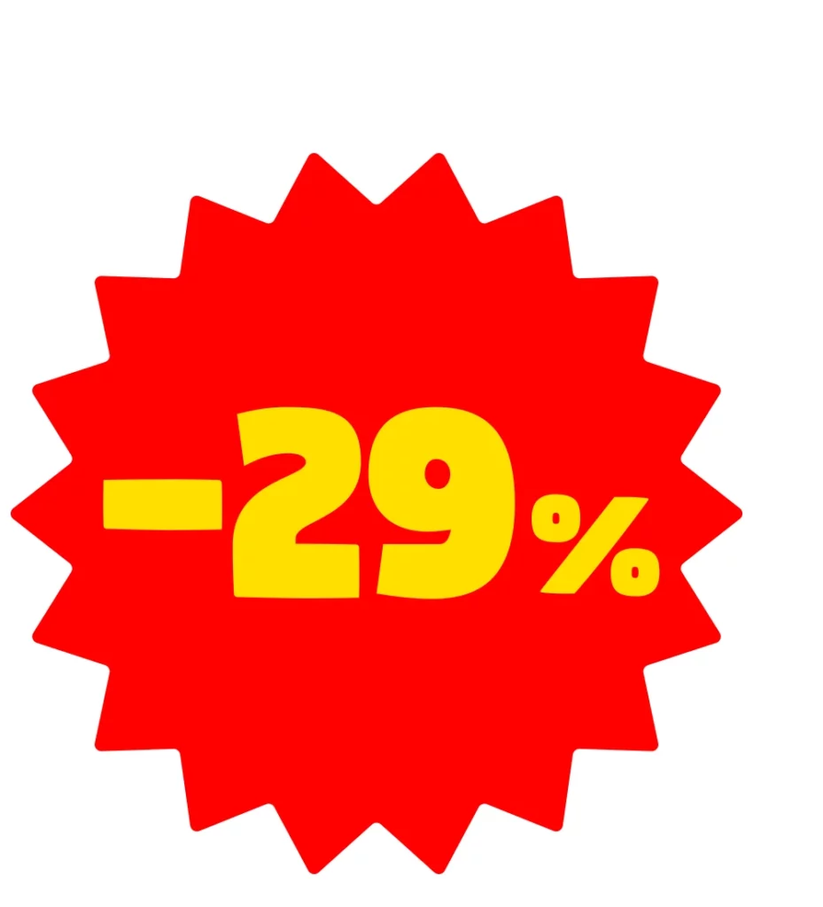 Keskellä valkoista taustaa on kirkkaanpunainen, pyöreä monisakarainen muoto. Muodon keskellä on keltaisella isokokoinen alennusprosentti "-29 %". Miinusmerkki korostaa kyseessä olevan nimenomaan alennus.