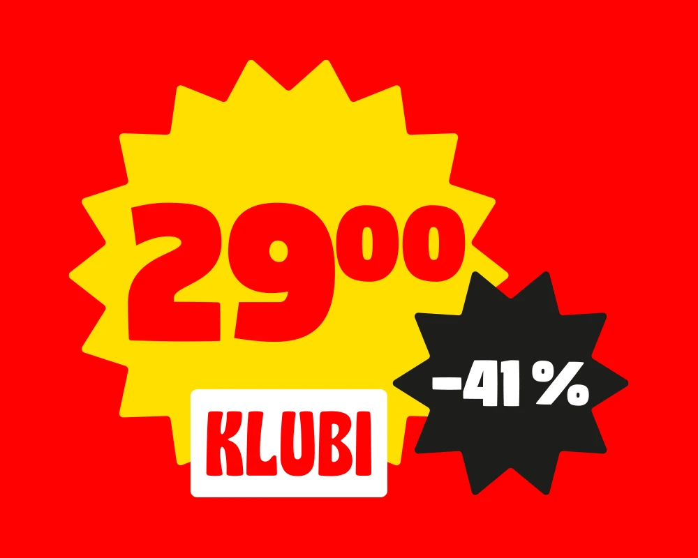 Punainen taustaväri. Keskelle on sijoitettu iso, keltainen monisakarainen pyäreä muoto, joka toimii pohjana hintatiedolle. Keskellä on punaisella suurella fontilla kirjoitettu tarjoushinta "29,00". Hinnan alapuolella on valkoinen suorakulmainen laatikko, jossa punaisella teksti "KLUBI", mikä viittaa etuun vain kanta-asiakkaille. Oikeassa alakulmassa on musta, pienempi pyöreä ja monisakarainen muoto, jossa valkoisella "-41 %" alennusprosentti.
