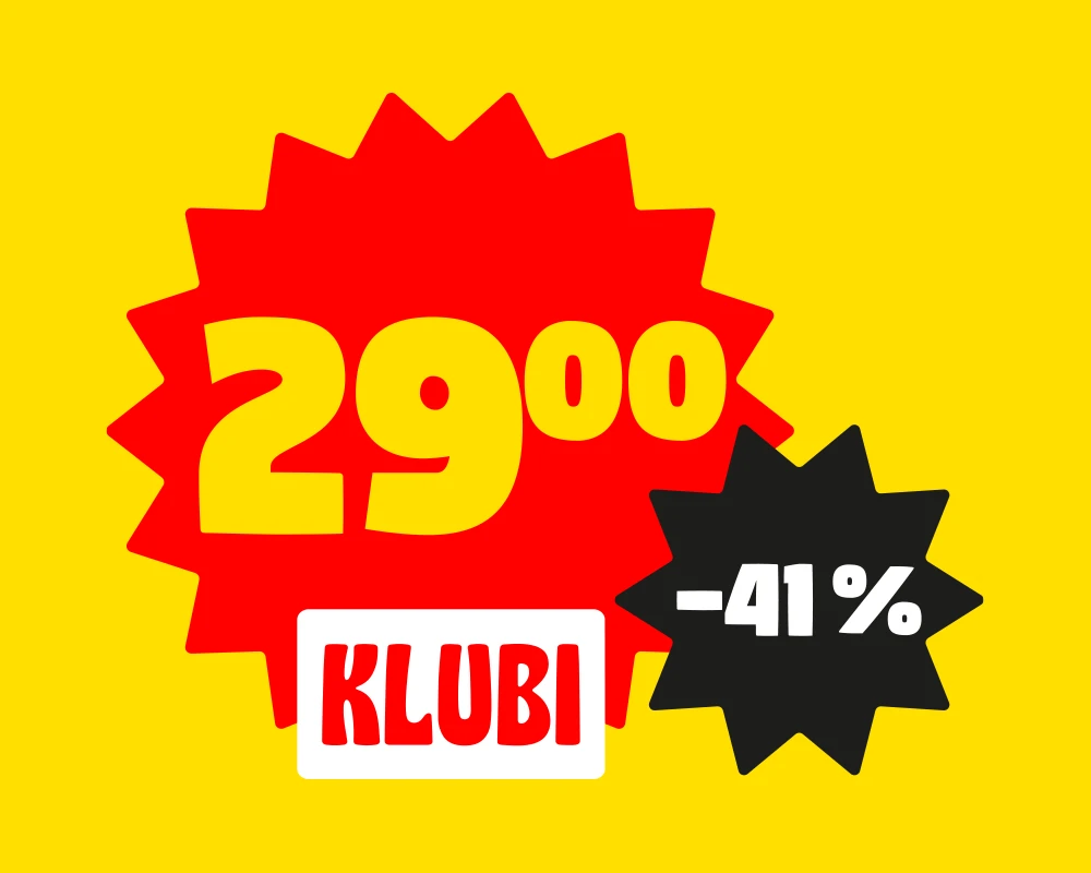 Keltainen taustaväri , keskelle on sijoitettu iso, punainen monisakarainen pyöreä muoto, jonka keskellä keltaisella isokokoinen tarjoushinta "29,00". Hinnan alapuolella on valkoinen suorakulmainen laatikko, jossa punaisella teksti "KLUBI" – tämä osoittaa, että kyseessä on klubi-etu. Punaisen muodon oikeaan alakulmaan on asetettu pienempi, musta roiskemainen muoto, jonka keskellä valkoisella "-41 %" alennusprosentti.