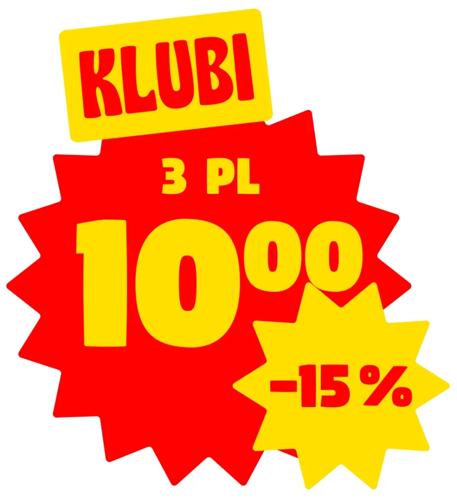 Punainen, pyöreä monisakarainen muoto valkoisella taustalla. Keskellä on suuri, keltaisella kirjoitettu tarjoushinta (esim. "10,00"). Hinnan yläpuolella on pienemmällä keltaisella tekstillä tuotemäärä ja yksikkö (esim. "3 PL"). Yläosaan on sijoitettu kirkkaankeltainen laatikko, jossa punaisella teksti "KLUBI". Alaoikealle on asetettu pienempi, kirkkaankeltainen pyöreä monisakarainen muoto, jossa punaisella alennusprosentti miinusmerkillä (esim. "-15 %"). Värimaailma on kirkas ja kontrastinen: punainen tausta, keltaiset elementit, punainen ja keltainen teksti.