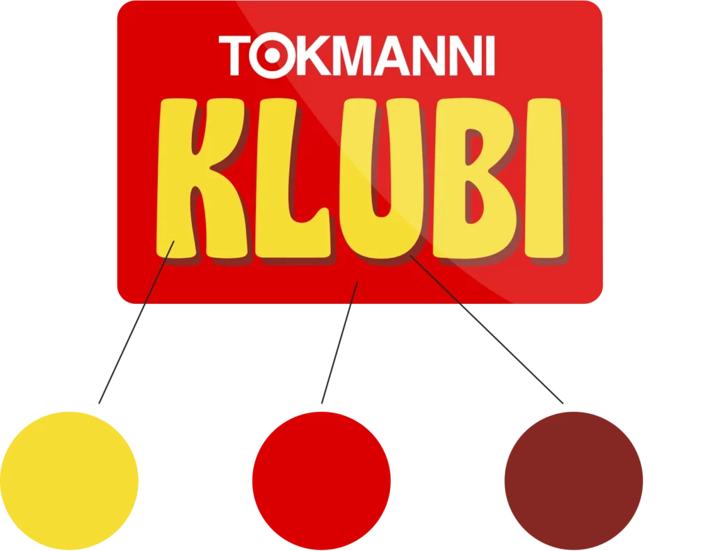 Tokmanni klubi-logon värikartta: keltainen, punainen ja varjostuksessa käytetty rusehtavan punainen.