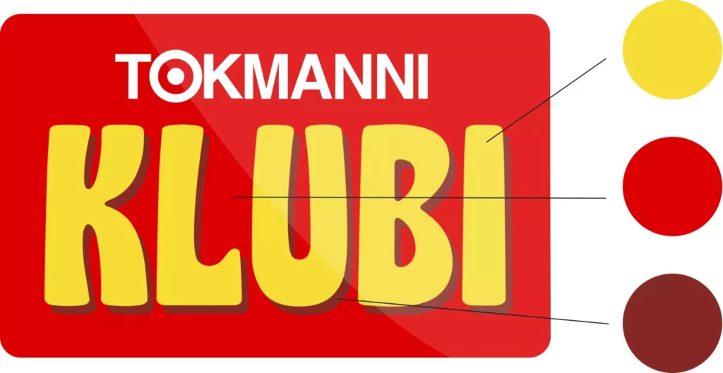 Tokmanni klubi-logon värikartta: keltainen, punainen ja varjostuksessa käytetty rusehtavan punainen.