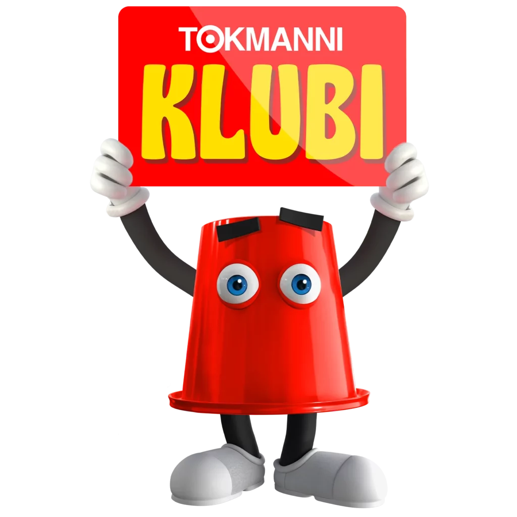 Tokmanni ämpärihahmo pitää Tokmanni Klubi -kylttiä päänsä yläpuolella