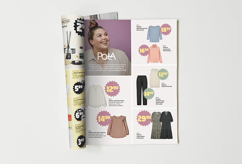 Avoin mainoslehti, jossa esitellään Pola-muotibrändin vaatteita ja hintoja. Vasemmalla ylhäällä vaaleanpunaisella taustalla hymyilevä malli ja Pola-logo. Oikealla puolella tuotteita selkeissä ruuduissa: puseroita, housuja ja mekkoja eri väreissä. Jokaisen tuotteen vieressä iso, sakaramuotoinen hintamerkki kirkkailla väreillä (esim. violetti, oranssi, keltainen), joka kiinnittää huomion. Visuaalisesti raikas ja helposti hahmotettava layout.