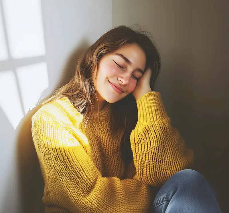 Hymyilevä nainen istuu auringonvalossa silmät suljettuina ja nojaa päätään käteensä. Hänellä on yllään paksu, okrankeltainen ribbineule ja farkut. Kuvassa välittyy rauhallinen ja lämmin tunnelma.