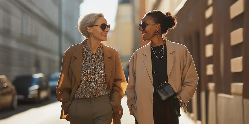 Kaksi tyylikästä naista kävelee auringonpaisteisella kaupunkikadulla ja hymyilee toisilleen lämpimästi. Vasemmalla oleva nainen pukeutuu ruskeaan bleiseriin, ruskeasävyiseen kuosipaitaan ja korkeavyötäröisiin, suoralahkeisiin housuihin. Oikealla oleva nainen käyttää vaalean hiekanväristä, väljästi istuvaa bleiseriä, mustaa mekkoa tai pitkäpaitaista asua ja olkalaukuksi sidottua pientä mustaa laukkua. Molemmilla naisilla on suuret aurinkolasit ja koruja, kuten korvakorut ja ketju, jotka viimeistelevät tyylikkään, urbaanin ilmeen. Kuvassa korostuu ystävyyden ja urbaanin arjen ilo.