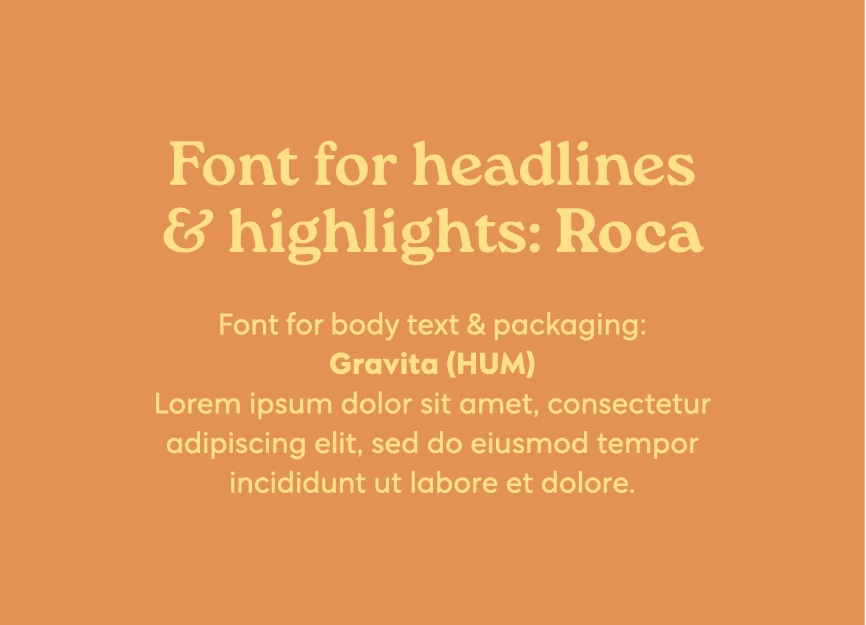 Brändiohjeistuksen kaksivärinen dia, jossa esitellään typografian linjaukset: otsikoissa ja nostoissa käytettävä fontti Roca ja leipätekstissä sekä pakkauksissa käytettävä fontti Gravita (HUM). Taustaväri on lämmin oranssi, ja teksti on haalean keltainen.