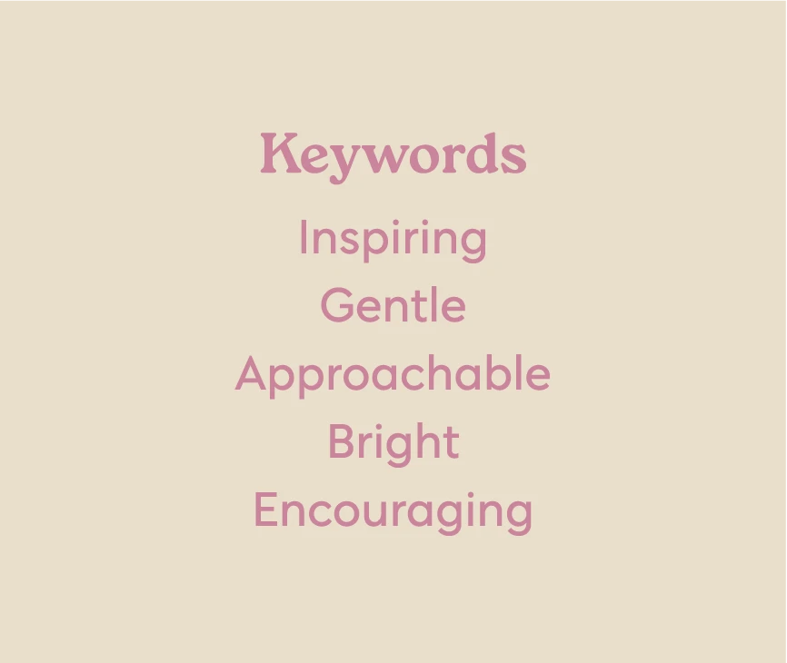 Pola brand keywords on a pastel-toned illustrative background. The light beige background and muted pink brand color support the gentle, inspiring, and approachable look.