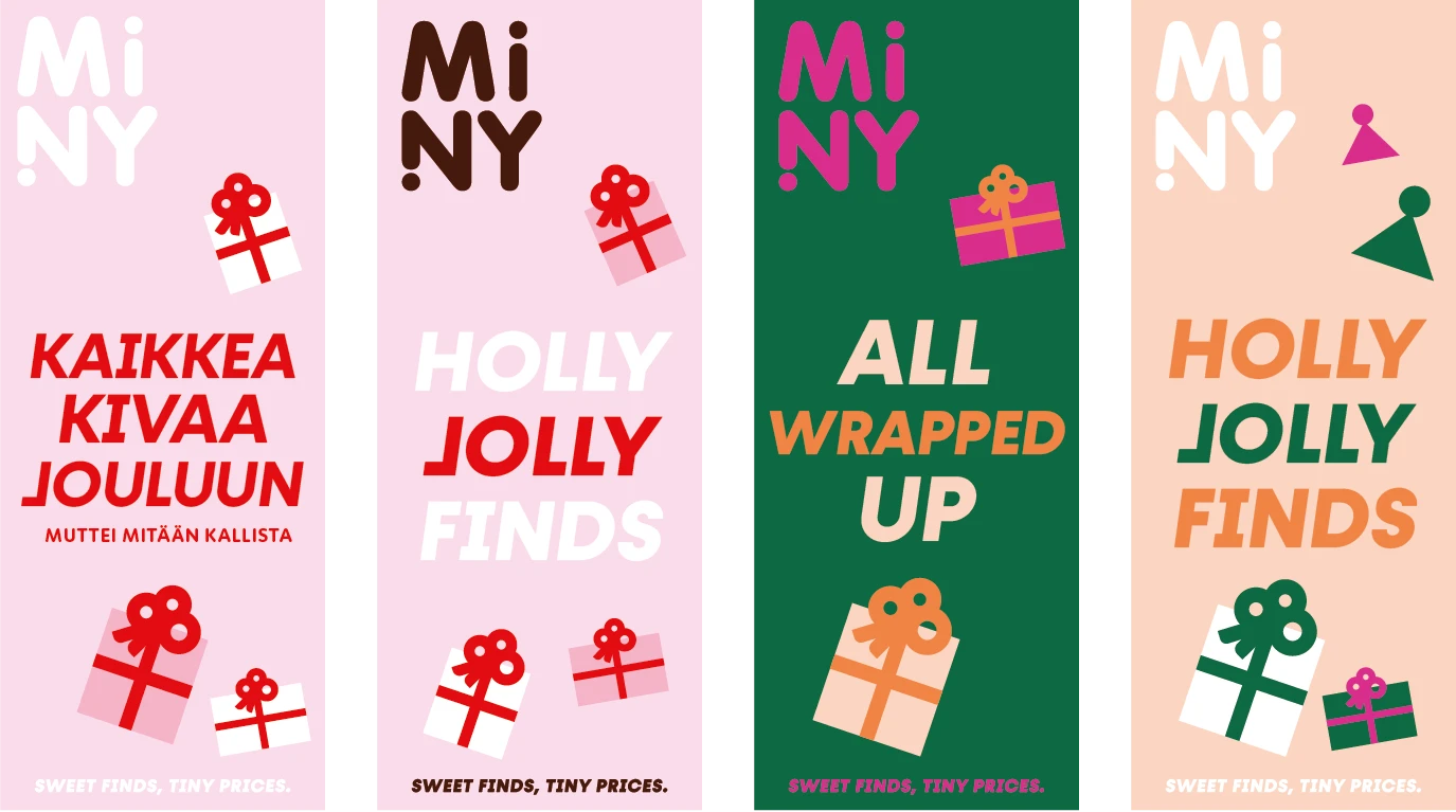 Examples of Miny's Christmas-themed campaign materials using gift illustrations, brand colors, and seasonal messages.
