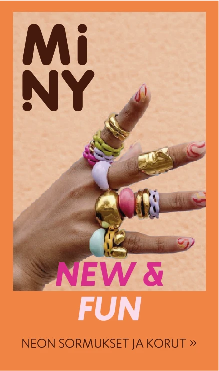 Vertical Miny campaign material with the Miny logo in the top left corner of the product image. In the center, a hand with colorful rings and the texts "New & Fun" and "Neon rings and jewelry".