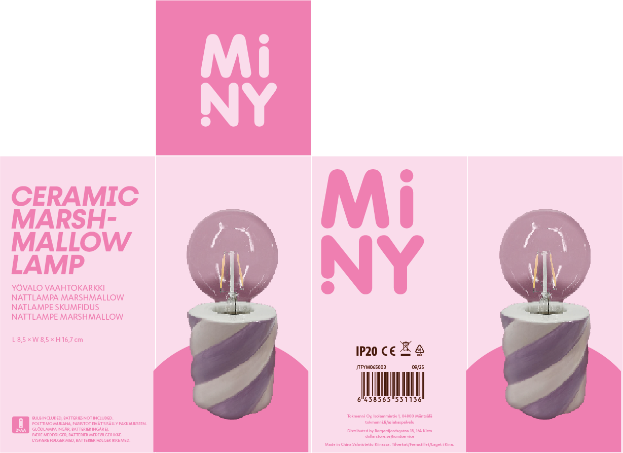 Miny Ceramic Marshmallow Lamp packaging layout template with a pink look