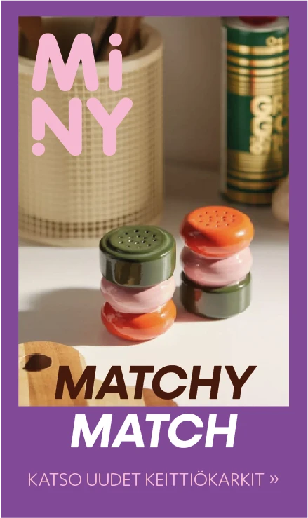 Vertical Miny campaign material with the Miny logo in the top left corner of the product image. In the center, colorful kitchen jars and the texts "Matchy Match" and "See the new kitchen candies".