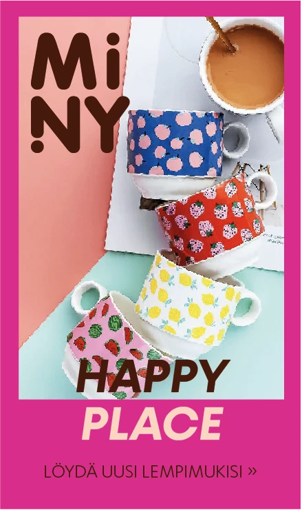 Vertical Miny campaign material with the Miny logo in the top left corner of the image. In the center, colorful patterned mugs and the texts "Happy Place" and "Find your new favorite mug".