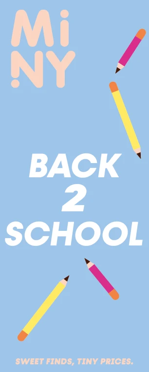 Miny's Back 2 School campaign material featuring a blue background, pen illustrations, and the slogan "Sweet finds, tiny prices"