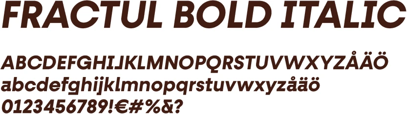 Fractul Bold font letters, numbers, and special characters in Miny's brown text color on a white background