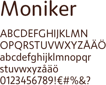 Moniker font letters, numbers, and special characters in Miny's brown text color on a white background
