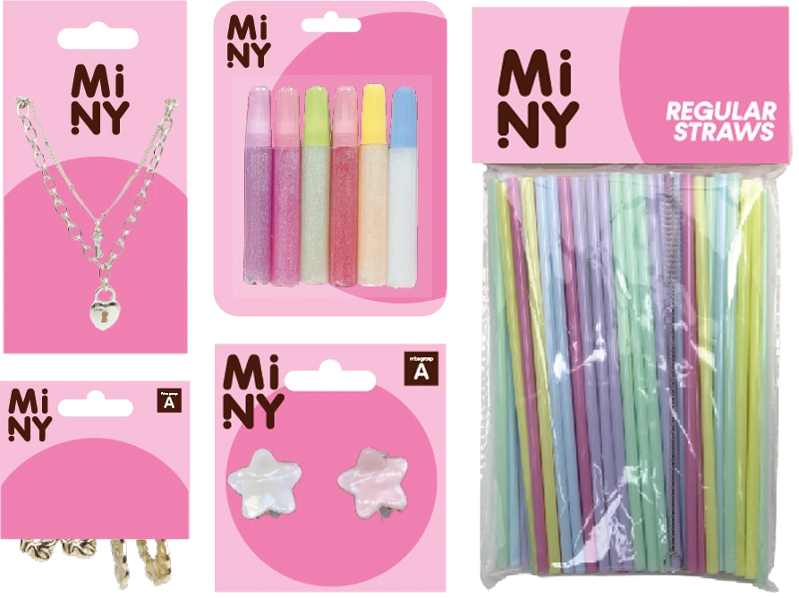 Examples of Miny's pink product packaging, also showing products such as jewelry, glitter pens, and straws