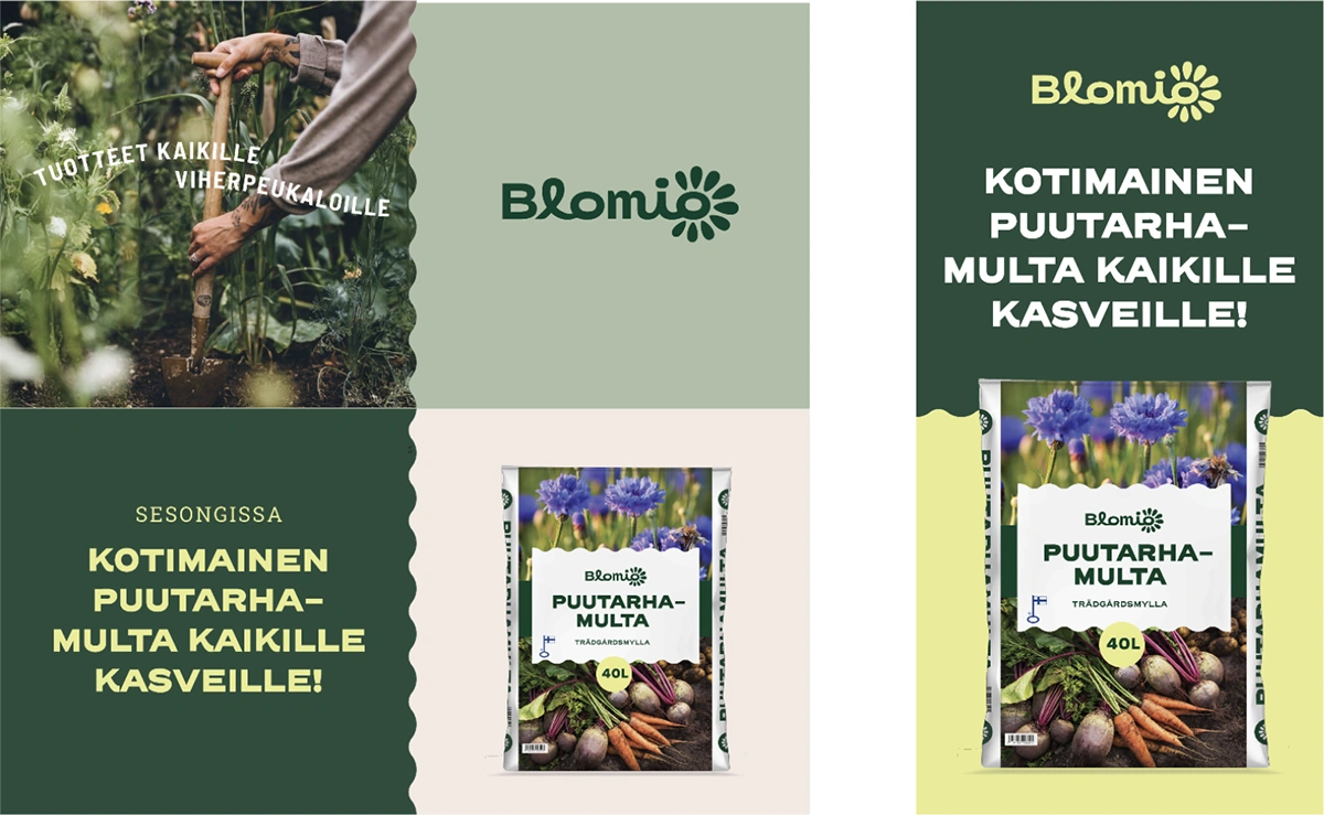 Mainospohjia Blomio-puutarhamullalle, otsikkona ”Kotimainen puutarhamulta kaikille kasveille!”, mukana puutarhakuva ja multasäkin tuotekuva.