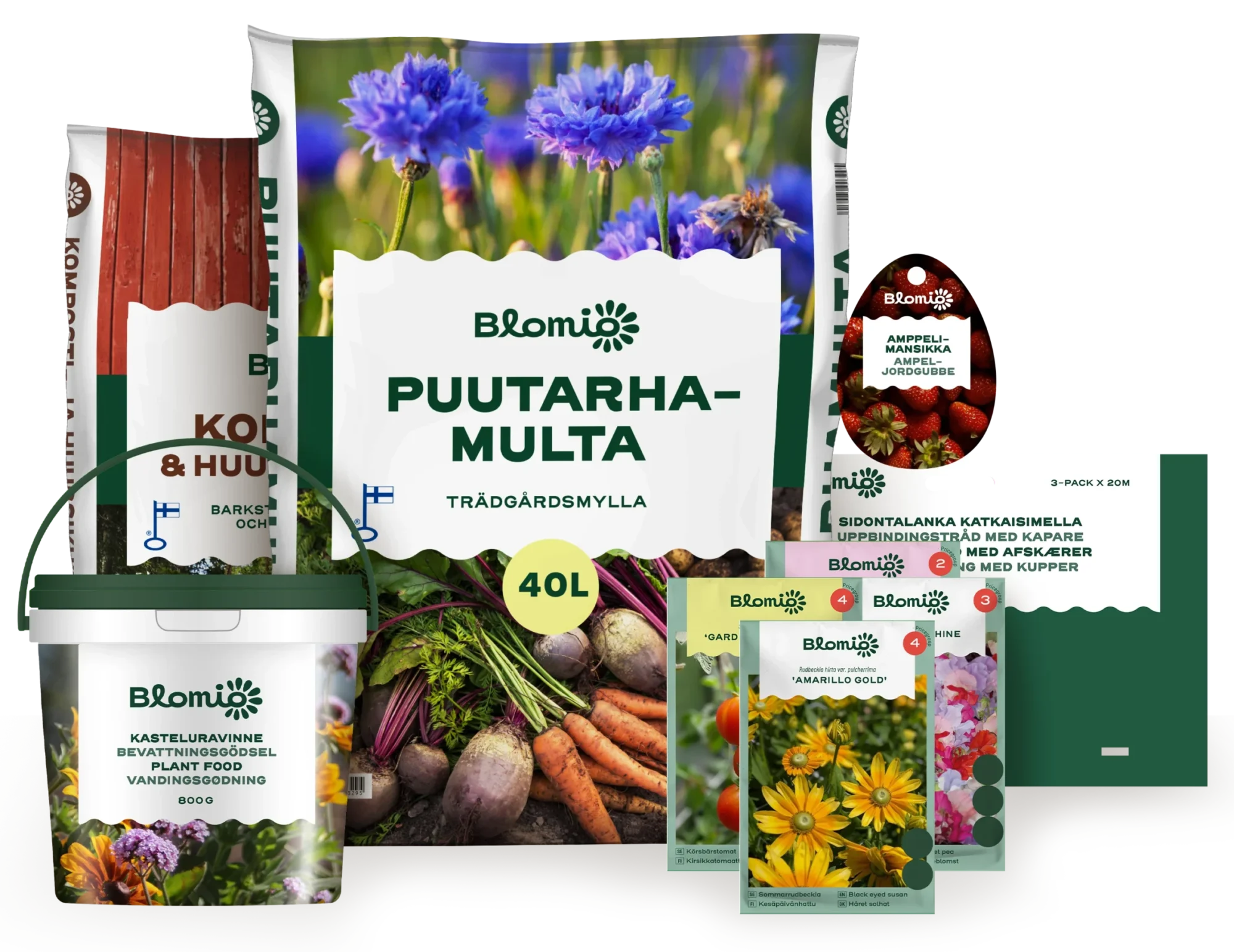 Blomio-pakkauksia: puutarhamultasäkki, kompostimulta, kasteluravinne, siemenpusseja, amppelimansikan taimietiketti ja sidontalanka.